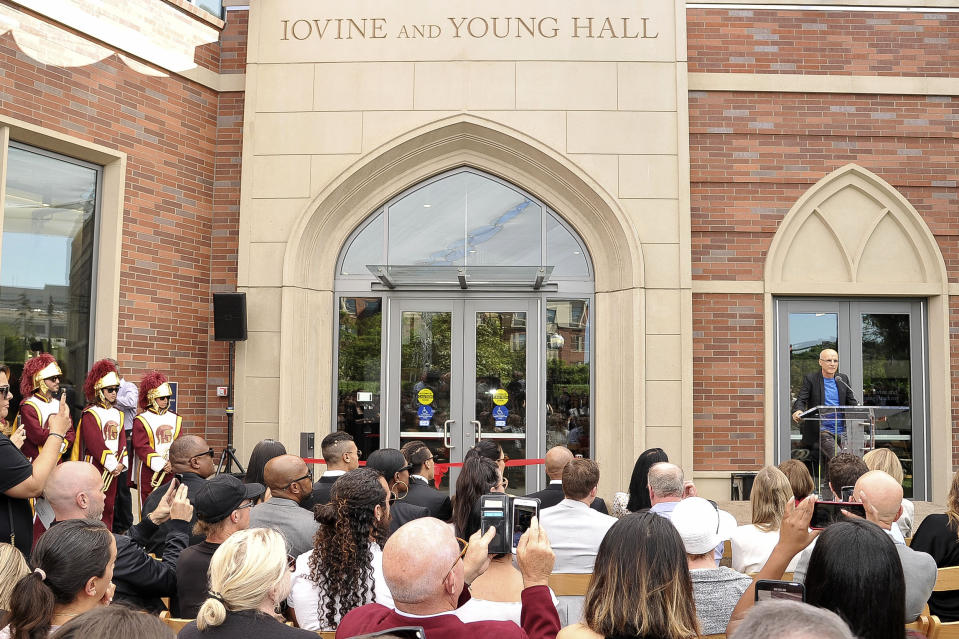 Business entrepreneur Jimmy Iovine speaks at the unveiling of Iovine and Young Hall, named after and Iovine and his business partner Andre "Dr. Dre" Young, on the University of Southern California campus in Los Angeles on Wednesday, Oct. 2, 2019. The duo donated a combined $70 million in 2013 to create an art, technology and business academy at the college. (Photo by Richard Shotwell/Invision/AP)