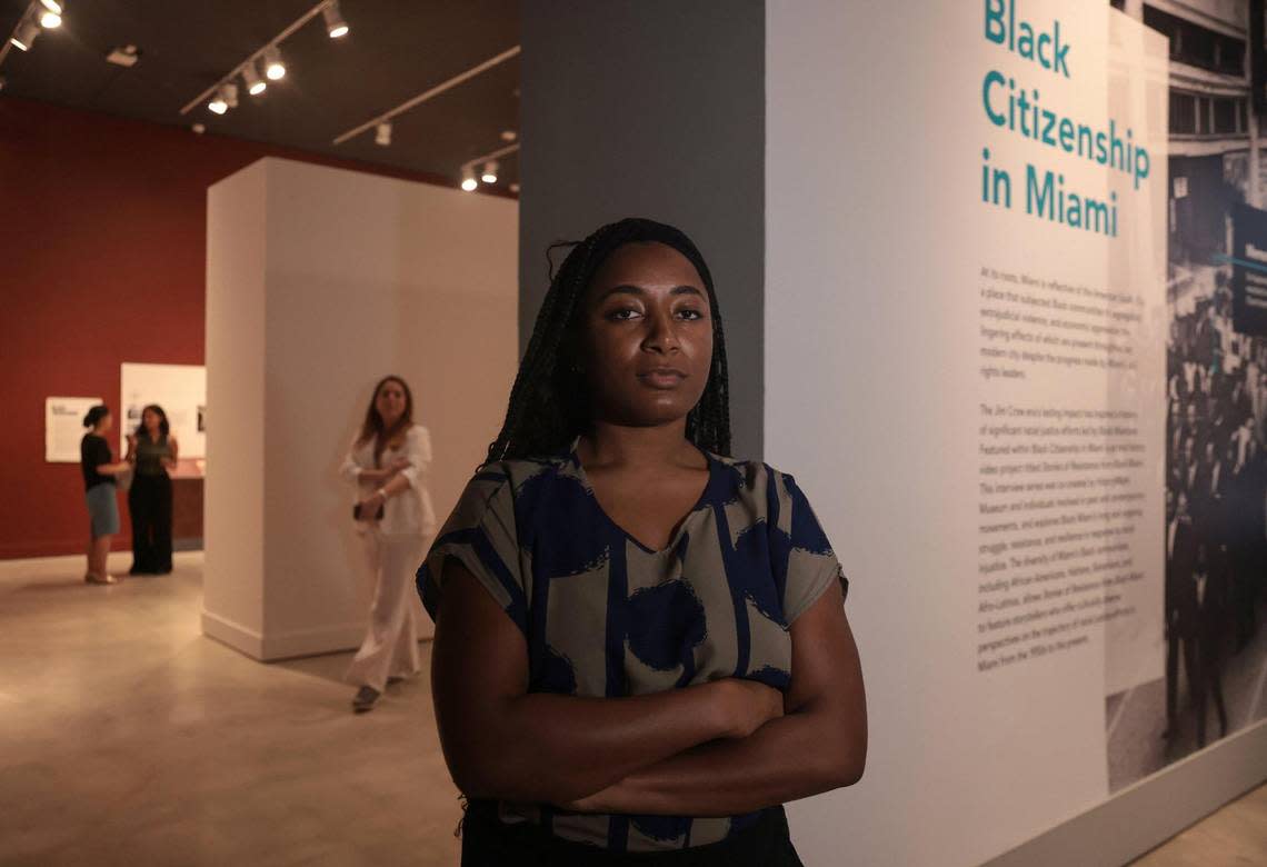 Anita Francios, HistoryMiami assistant curator, stands at the section of Stories of Resistance from Black Miami, an oral history project co-created by the museum and individuals involved in past and contemporary movements on Wednesday, October 13, 2022. Black Citizenship in the Age of Jim Crow, organized by the New-York Historical Society, explores the struggle for full citizenship and racial equality that unfolded in the 50 years after the Civil War. HistoryMiami Museum curated Stories of Resistance from Black Miami, an oral history project co-created by the museum and individuals involved in past and contemporary movements.