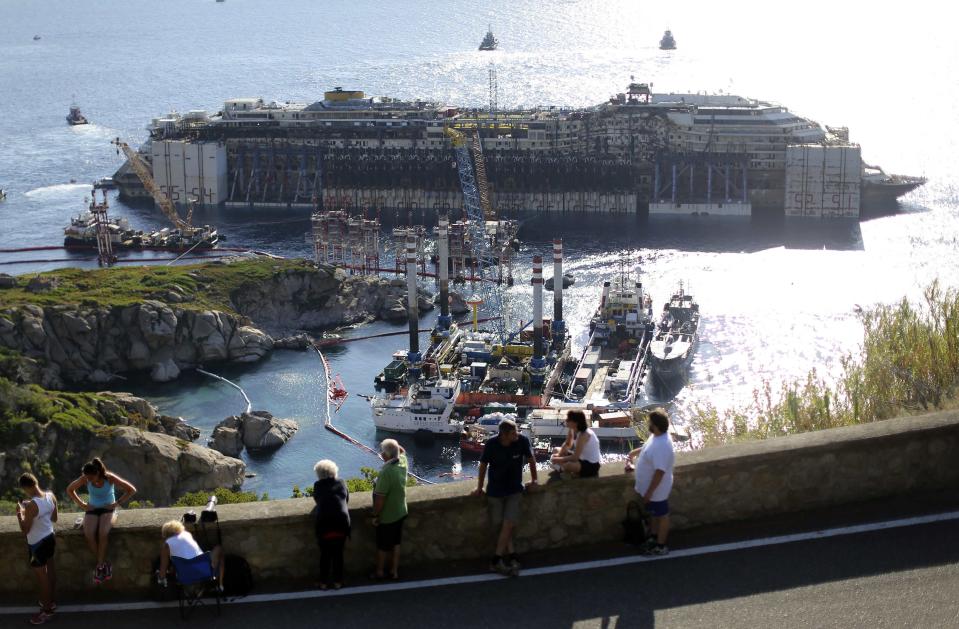 The Costa Concordia cruise liner is seen during its refloat operation at Giglio harbour