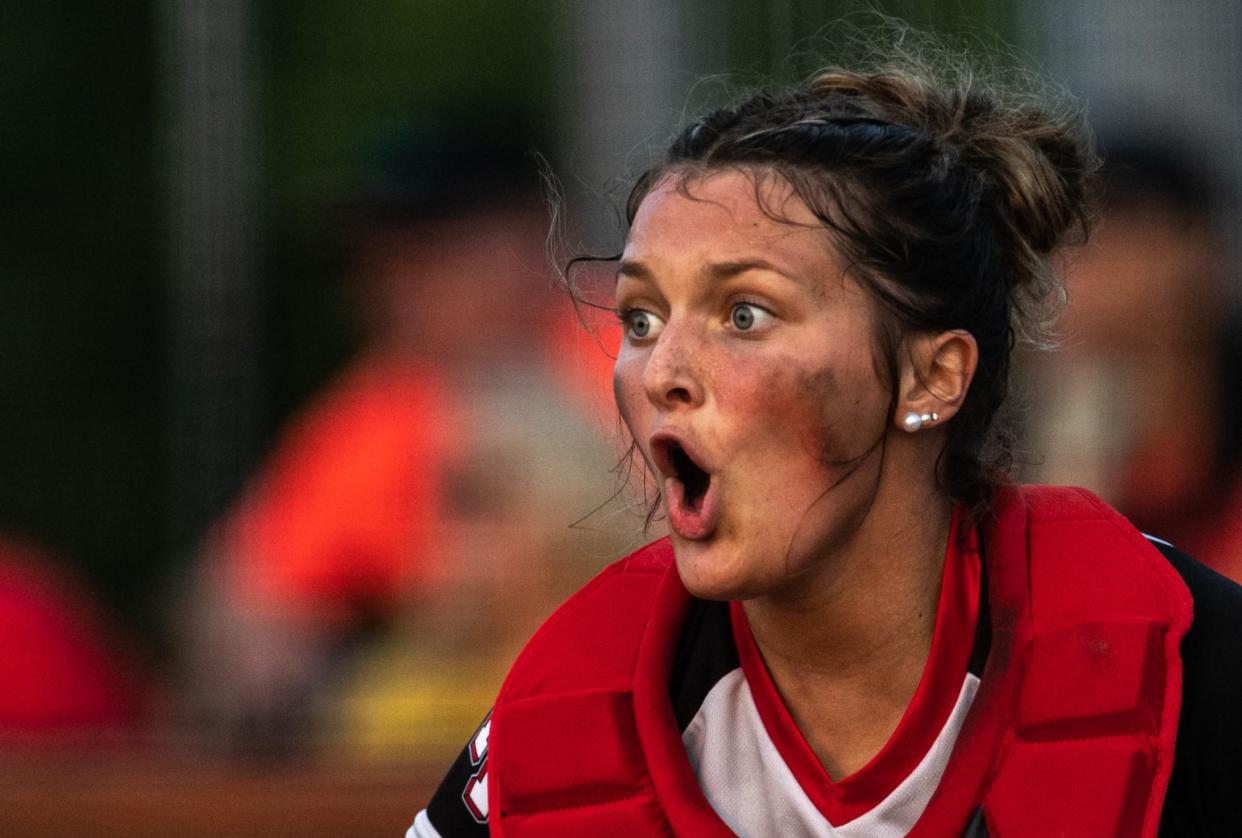 North Posey’s Sibyl Renshaw (15) calls out to the field as one of the Lady Vikings runs the bases during the 2023 IHSAA 2A Girls’ Softball Sectional Championship at Forest Park High School in Ferdinand, Ind., Wednesday evening, May 24, 2023.