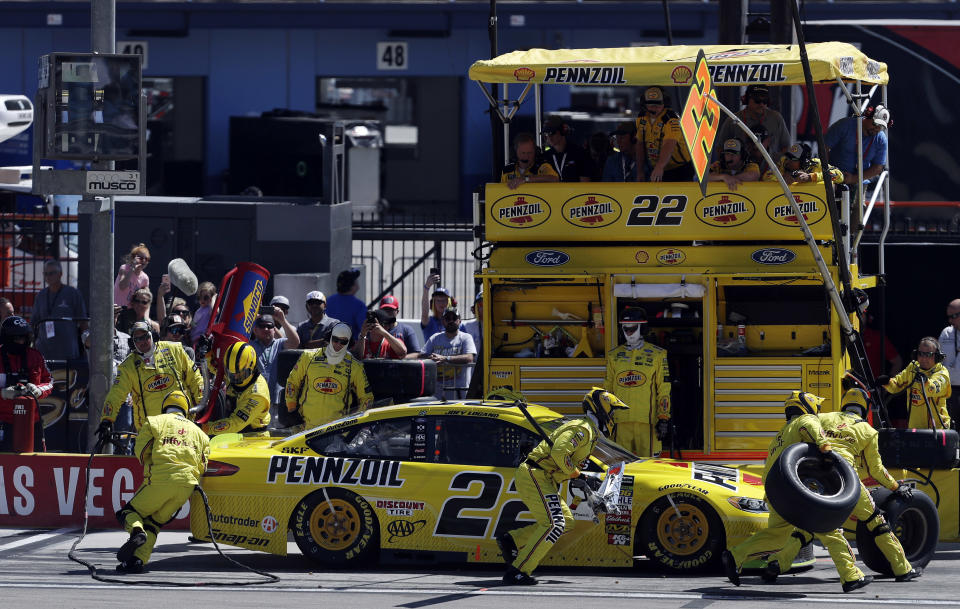 Joey Logano pits during a NASCAR Cup Series auto race Sunday, Sept. 16, 2018, in Las Vegas. (AP Photo/Isaac Brekken)