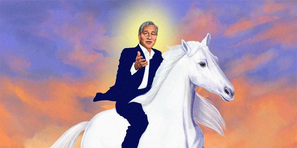 An illustration of JPMorgan CEO Jamie Dimon riding a unicorn into the sunset.