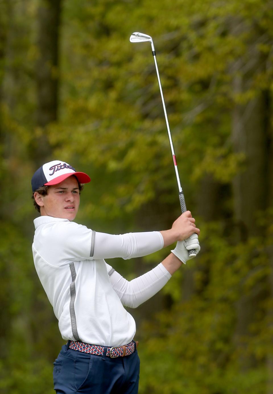 Wall's Pat Scenna watches his shot of the 17th tee during the Shore Conference Tournament played Wednesday, April 26, 2023, at the Charleston Springs Golf Course in MIllstone Township. 