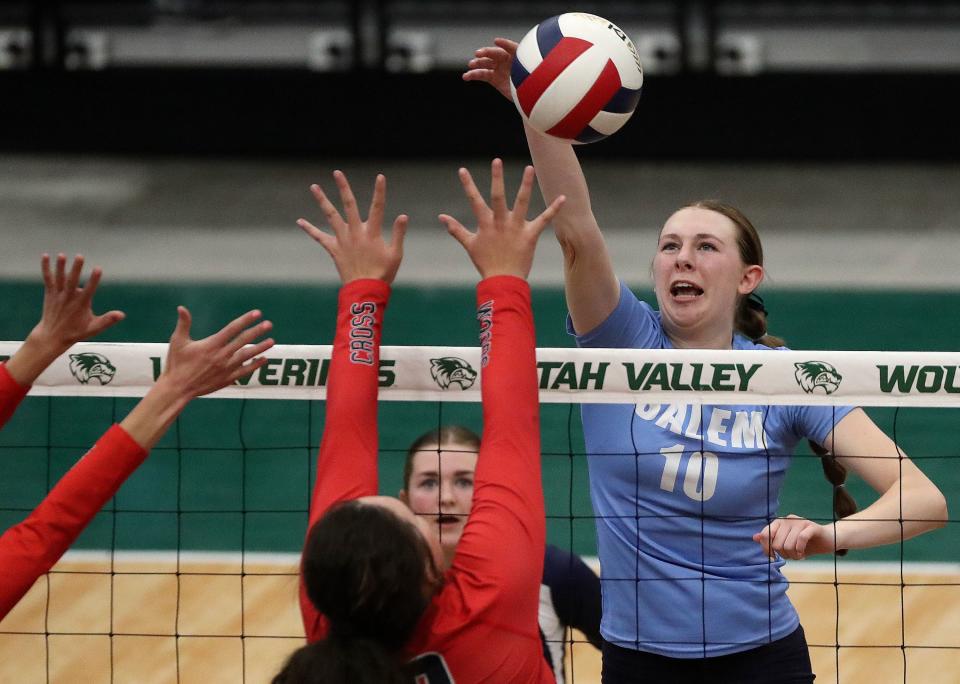 Salem Hills’ Ella Robbins hits the ball during a 5A volleyball state tournament quarterfinal game against Woods Cross at the UCCU Center in Orem on Thursday, Nov. 2, 2023. Woods Cross won 3-2. | Kristin Murphy, Deseret News