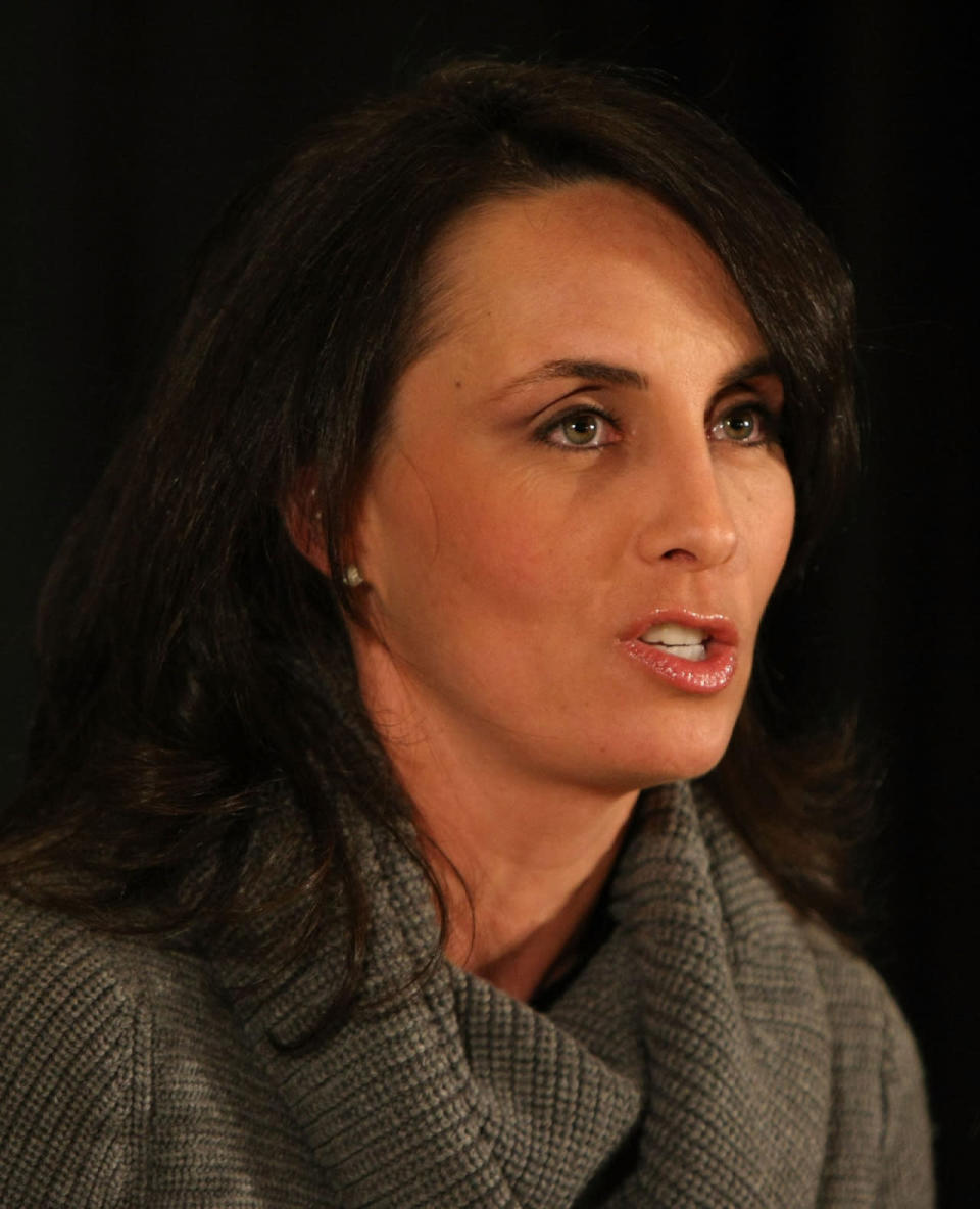 <p>Deanna Favre, wife of former quarterback Brett Favre of the Green Bay Packers, tlaks about his retirement at a press conference on March 6, 2008 at Lambeau Field in Green Bay, Wisconsin. (Photo by Jonathan Daniel/Getty Images)</p>