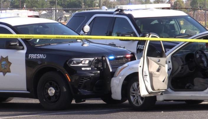 A man was shot Sunday, April 16, 2023, at Zacks Smoke Shop in Fresno, California. Officers pursued the suspect vehicle before forcing it to stop and detaining two people.