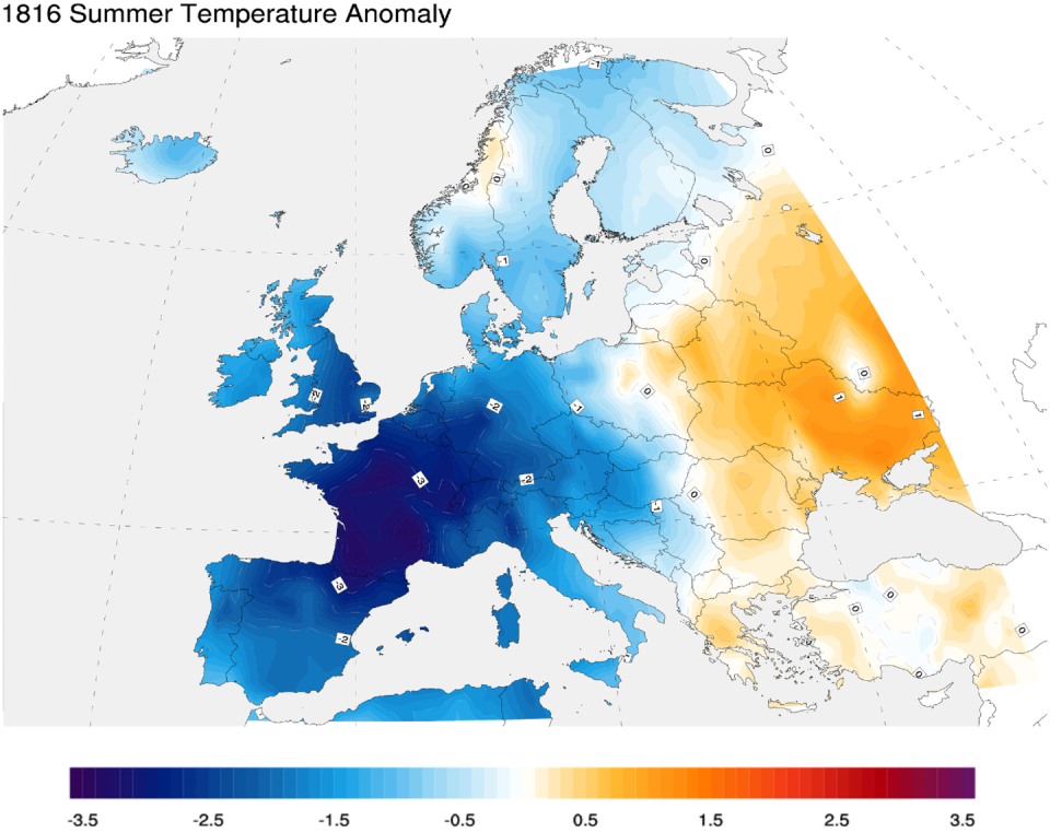 Map showing the temperature anomaly, with Western Europe as much as 3 degrees colder than normal.