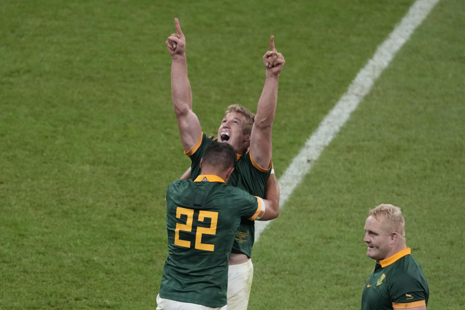 South Africa's team players celebrate as they won the Rugby World Cup quarterfinal match between France and South Africa at the Stade de France in Saint-Denis, near Paris, Sunday, Oct. 15, 2023. (AP Photo/Themba Hadebe)