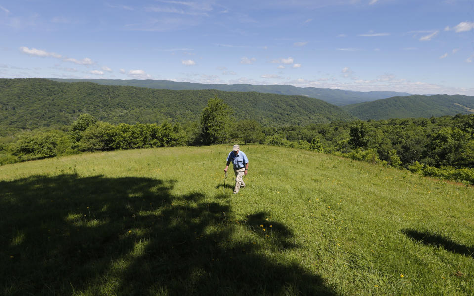 FILE - In this June 6, 2017 file photo, hydrologist William K. Jones, walks up a mountain near the route of the proposed Atlantic Coast Pipeline in Bolar, Va. The developers of the Atlantic Coast Pipeline announced Sunday, July 5, 2020, that they are canceling the multi-state natural gas project, citing delays and increasing cost uncertainty. (AP Photo/Steve Helber, File)