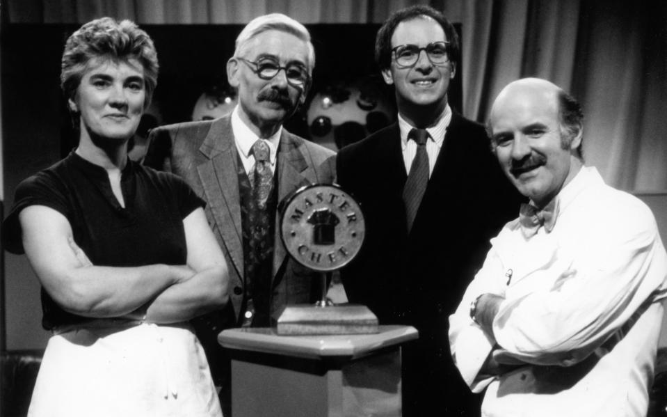 Masterchef 1990 winner Joan Bunting with Sir Roy Strong (finalist), host Loyd Grossman and Anton Mosimann (finalist)