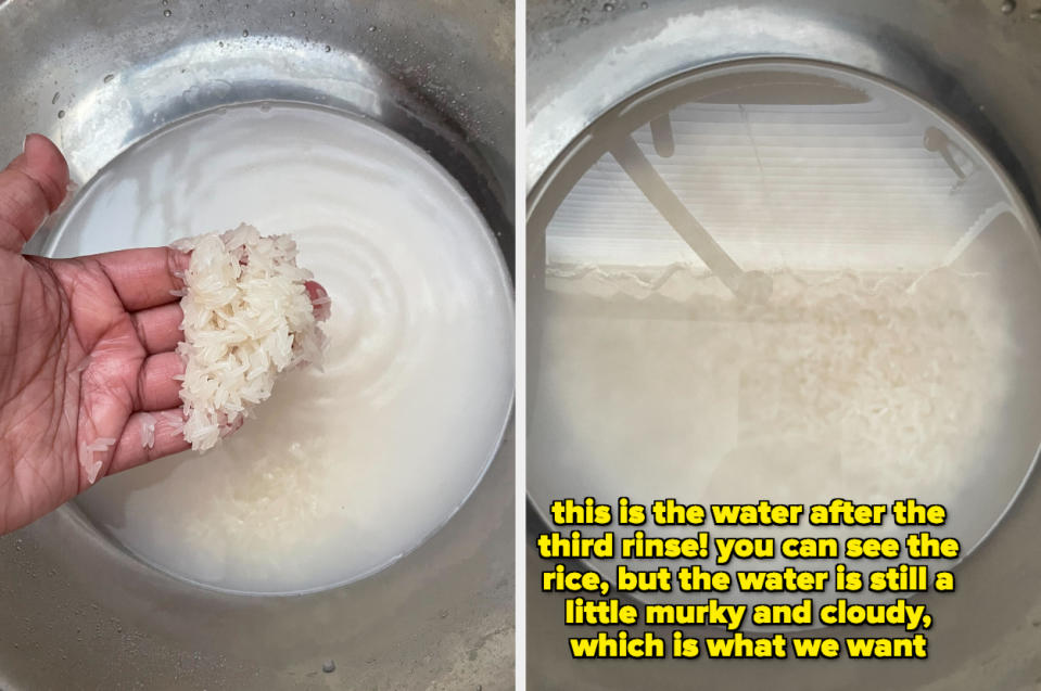 The author is rinsing the rice. One annotation reads, "This is the water after the third rinse! You can see the rice, but the water is still a little murky and cloudy, which is what we want