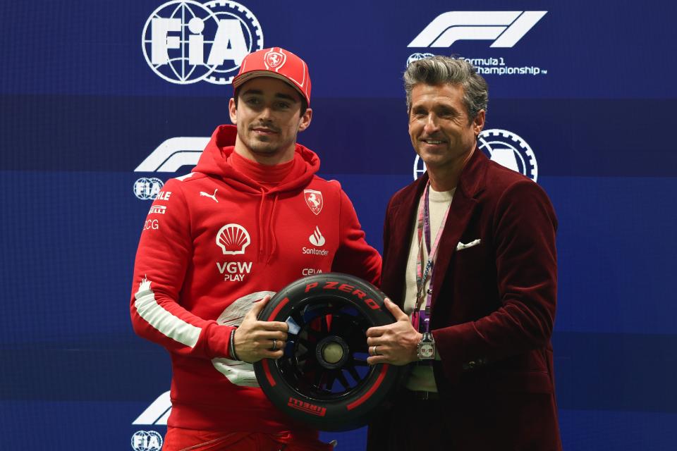 By obscure F1 bylaw, Ferrari driver Charles LeClerc and Patrick Dempsey now share custody of this miniature tire.