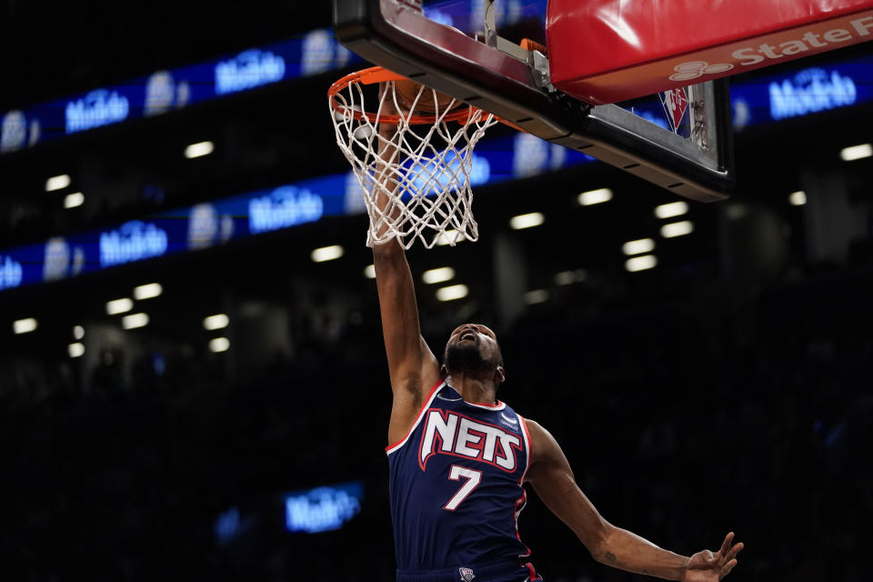 Brooklyn Nets forward Kevin Durant dunks during the second half of an NBA basketball game against the New York Knicks, Tuesday, Nov. 30, 2021, in New York. The Nets won 112-110. (AP Photo/Mary Altaffer)
