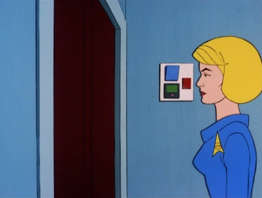 A scene from Star Trek: The Animated Series shows Nurse Chapel walking through a door