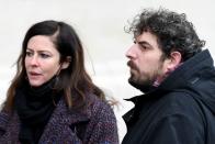 <p>Les acteurs Anna Mouglalis et Damien Bonnard, très émus aux funérailles de Gaspard Ulliel. (Photo by BERTRAND GUAY/AFP via Getty Images)</p> 