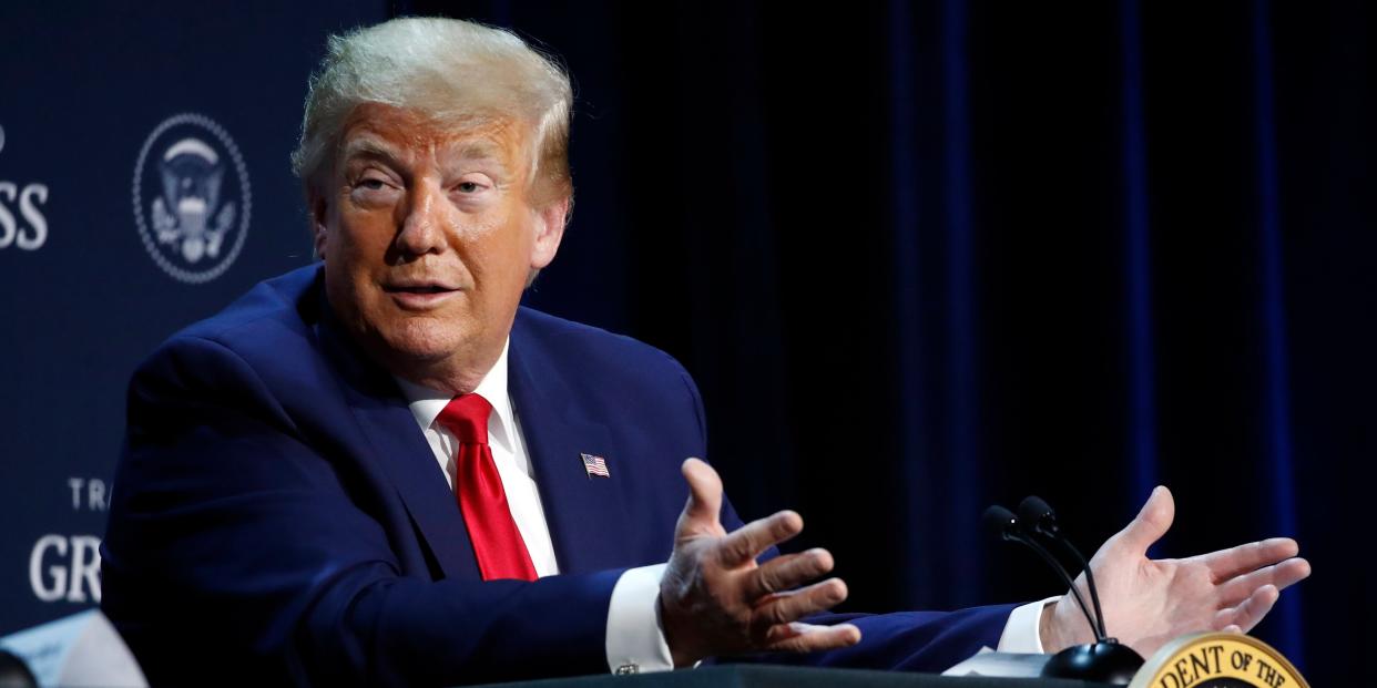 President Donald Trump speaks during a roundtable discussion about "Transition to Greatness: Restoring, Rebuilding, and Renewing," at Gateway Church Dallas, Thursday, June 11, 2020, in Dallas.(AP Photo/Alex Brandon)