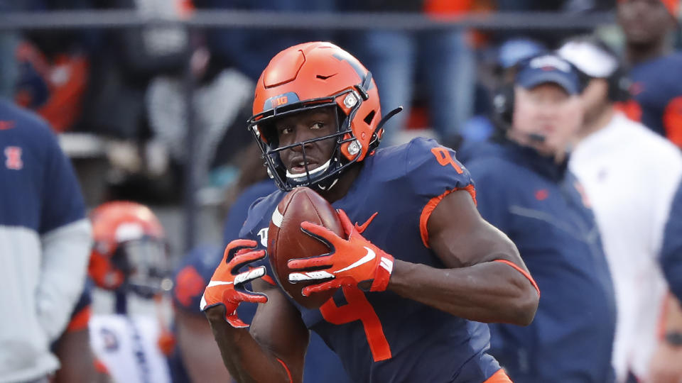 Illinois wide receiver Josh Imatorbhebhe has nine receiving touchdowns in 2019. (AP Photo/Charles Rex Arbogast)