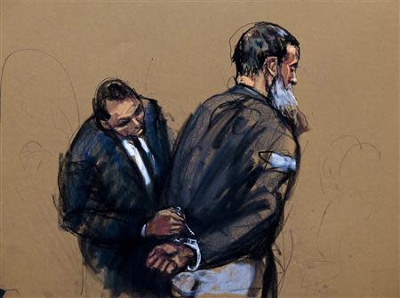 A courtroom sketch shows Nazih al-Ragye known by the alias Abu Anas al-Liby as he appears in Manhattan Federal Court for an arraignment in New York, October 15, 2013. REUTERS/Jane Rosenberg