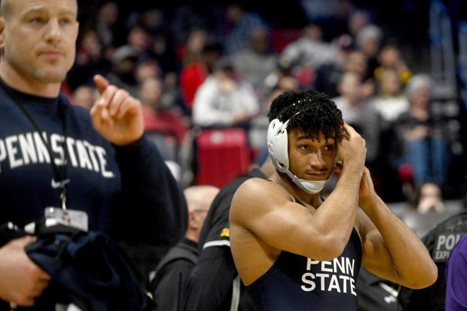 Penn State’s Carter Starocci prepares to go out for his consolation bout that he injury-defaulted the Big Ten Wresting Championships at the Xfinity Center at the University of Maryland on Saturday, March 9, 2024. Starocci injury-defaulted the bout.