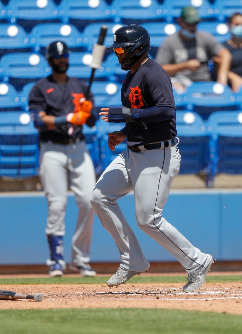 Detroit Tigers second baseman Isaac Paredes (19) crosses home plate in the third inning against the Toronto Blue Jays on March 28, 2021, at TD Ballpark in Dunedin, Florida.