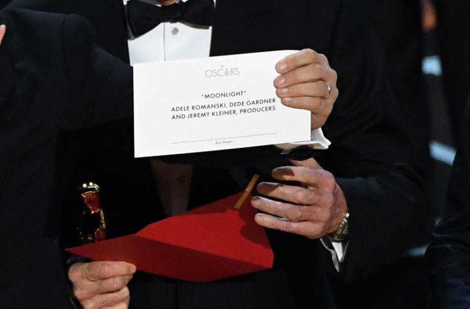 An envelope with the Best Picture winner