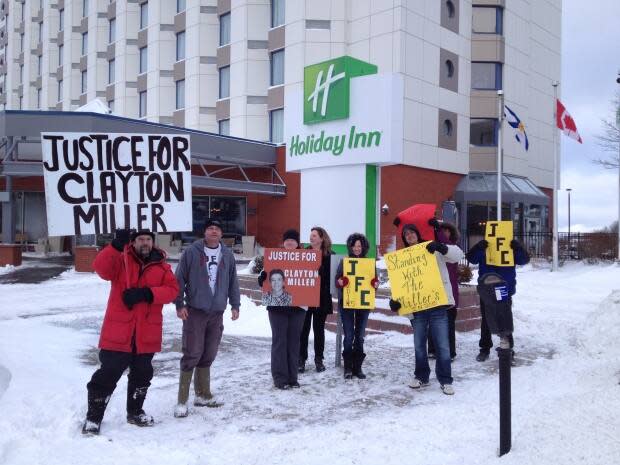 Supporters of the Miller family gathered outside the Sydney hotel where investigators met with the parents of Clayton Miller in 2015.