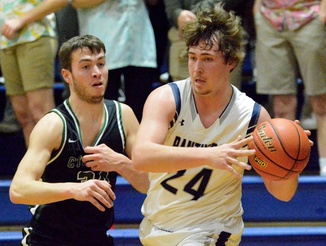 Great Plains Lutheran's Myles York (24) protects the ball while being guarded by Clark-Willow Lake's Cole Heiman during their high school boys basketball game on Monday, January 23, 2023 in Watertown.