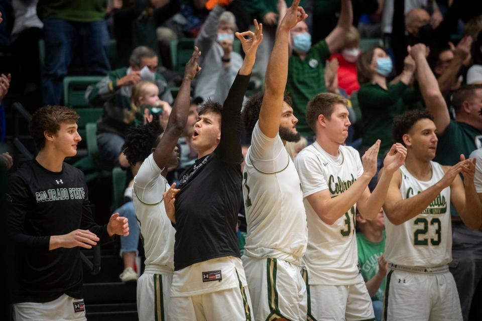 Colorado State men's basketball player Trace Young, in black shirt celebrating a 3-pointer, is one of CSU's most marketable athletes due to his huge social media following.