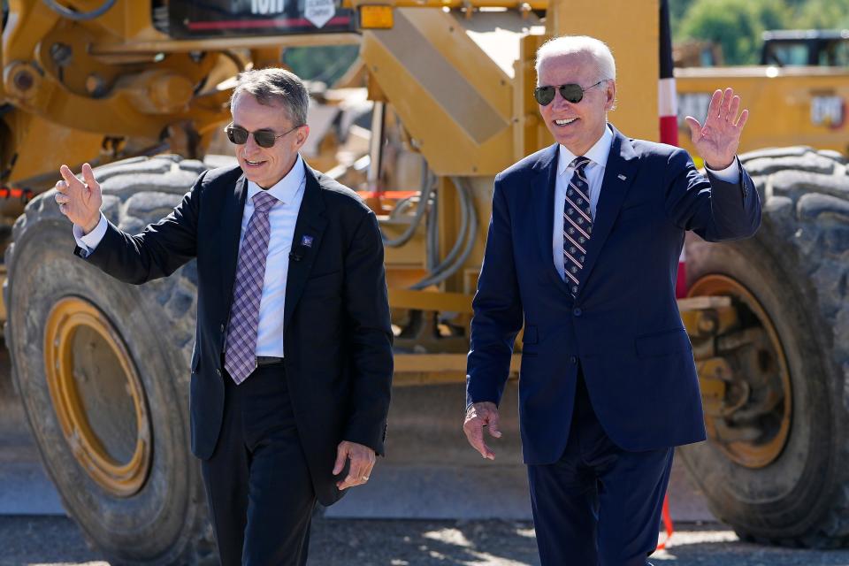 Alongside Intel CEO Pat Gelsinger, President Joe Biden tours the factory during a groundbreaking ceremony for Intel's $20 billion microchip manufacturing project in 2022. Intel has promised two factories in Licking County that will employ 3,000 workers.