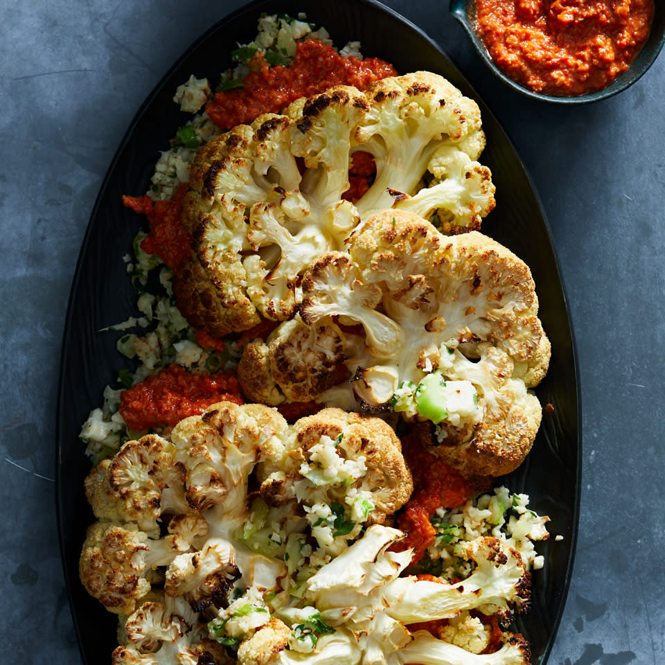 Cauliflower Steaks with Parmesan Cauliflower Rice & Romesco