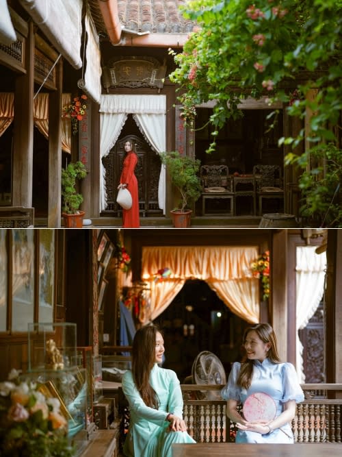 換穿越南國服「奧黛」，漫步古鎮老街拍照。