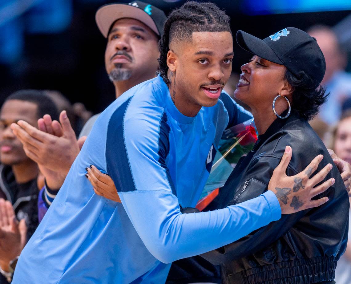 North Carolina’s Armando Bacot (5) embraces his mother prior to the Tar Heels’ game against Notre Dame on Tuesday, March 5, 2023 at the Smith Center in Chapel Hill, N.C. Bacot played his final home game, scoring 14 point in the win over Notre Dame