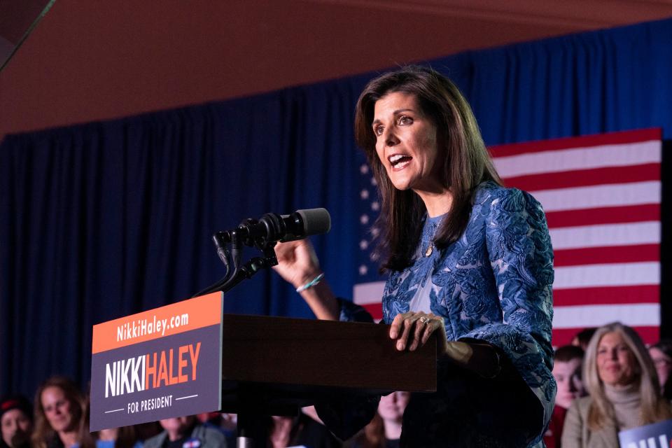 Republican presidential candidate Nikki Haley speaks at her New Hampshire presidential primary watch party at the Grappone Conference Center in Concord, NH, on Tuesday, January 23, 2024. Haley was unable to secure enough votes to take the state's delegates from former President Donald J. Trump.