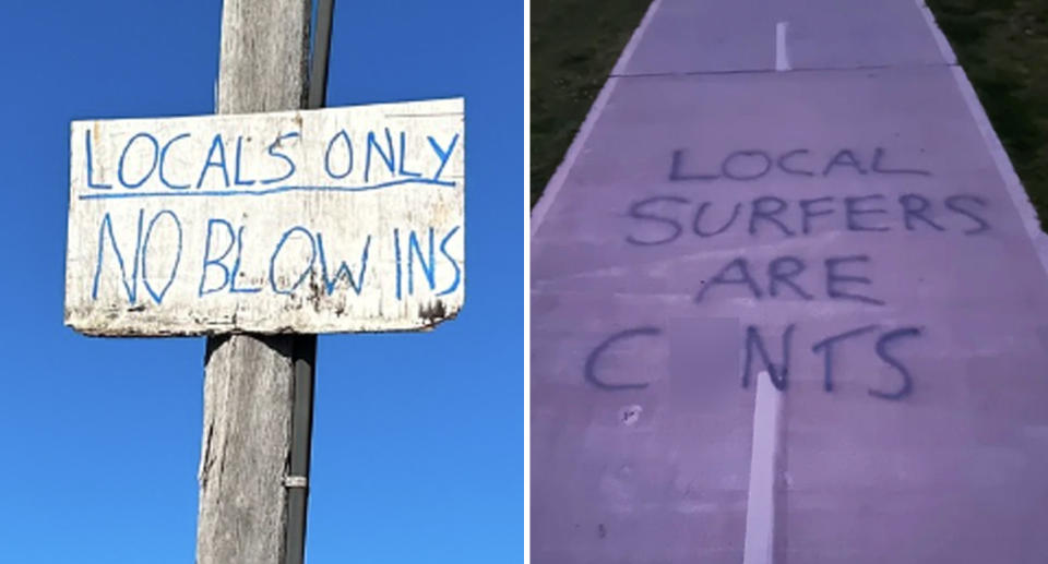 Left, one of the surf signs can be seen which reads 'Locals only - No blows in' and, right, the words 'Local surfers are c*nts' has been spray painted onto a pathway.