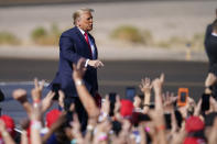 President Donald Trump arrives at a campaign rally Wednesday, Oct. 28, 2020, in Bullhead City, Ariz. (AP Photo/John Locher)