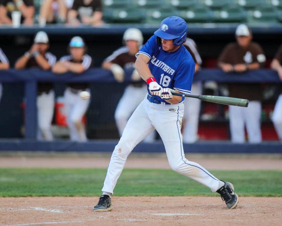 Columbia’s Brody Landgraf singles during Saturday’s IHSA Class 2A state championship game against Joliet Catholic Academy at Dozer Park in Peoria. Columbia ultimately fell 4-2 to Joliet.