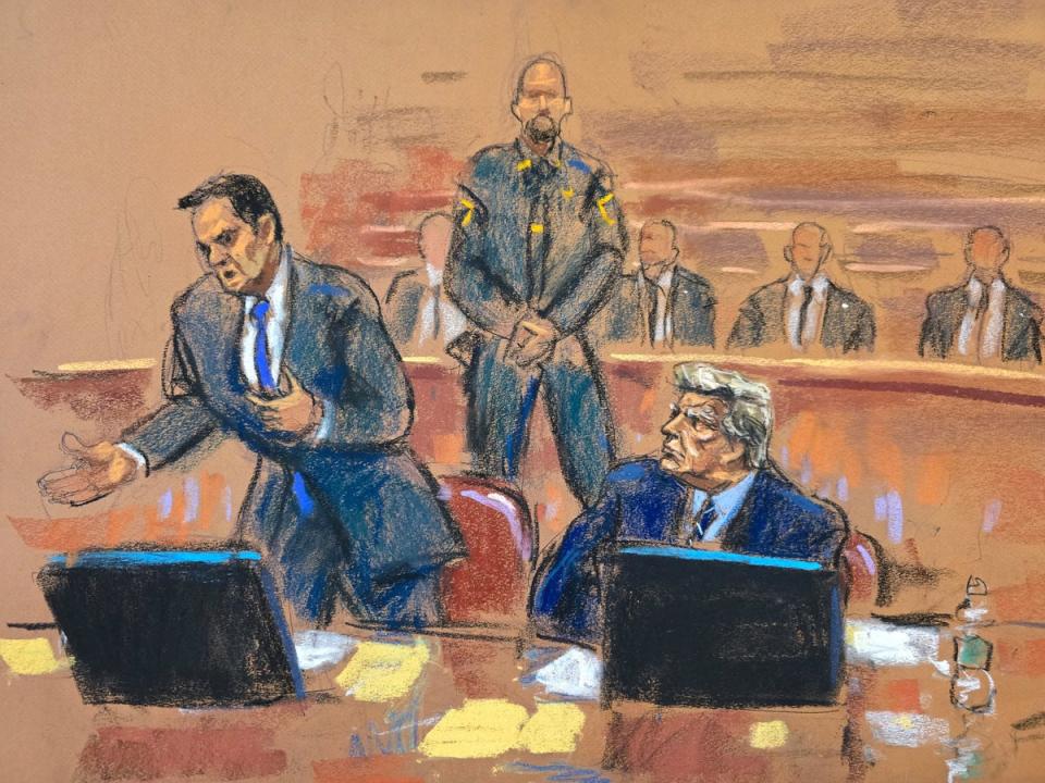 A courtroom sketch depicts Donald Trump watching his attorney Todd Blanche during jury selection in a Manhattan criminal courtroom on 17 April (REUTERS)