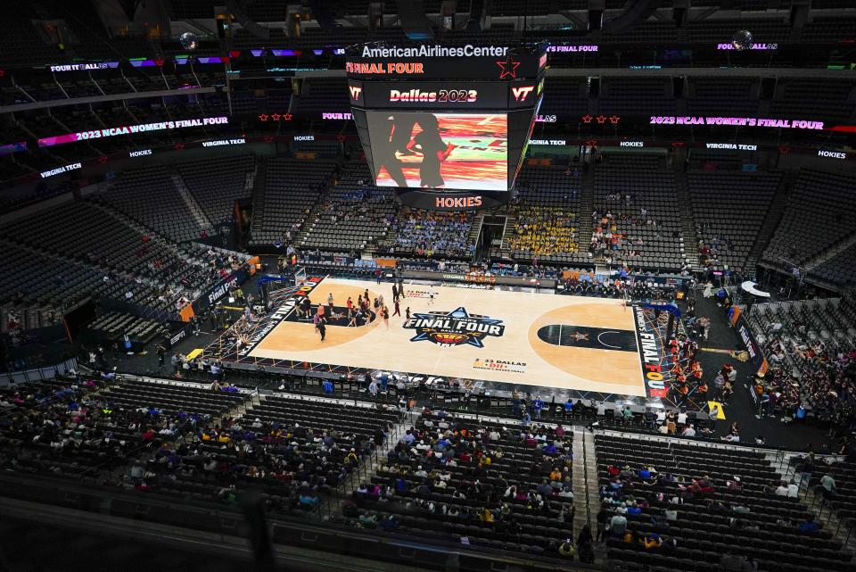 Virginia Tech players run a drill during a practice session for an NCAA Women's Final Four semifinals basketball game Thursday, March 30, 2023, in Dallas. (AP Photo/Darron Cummings)