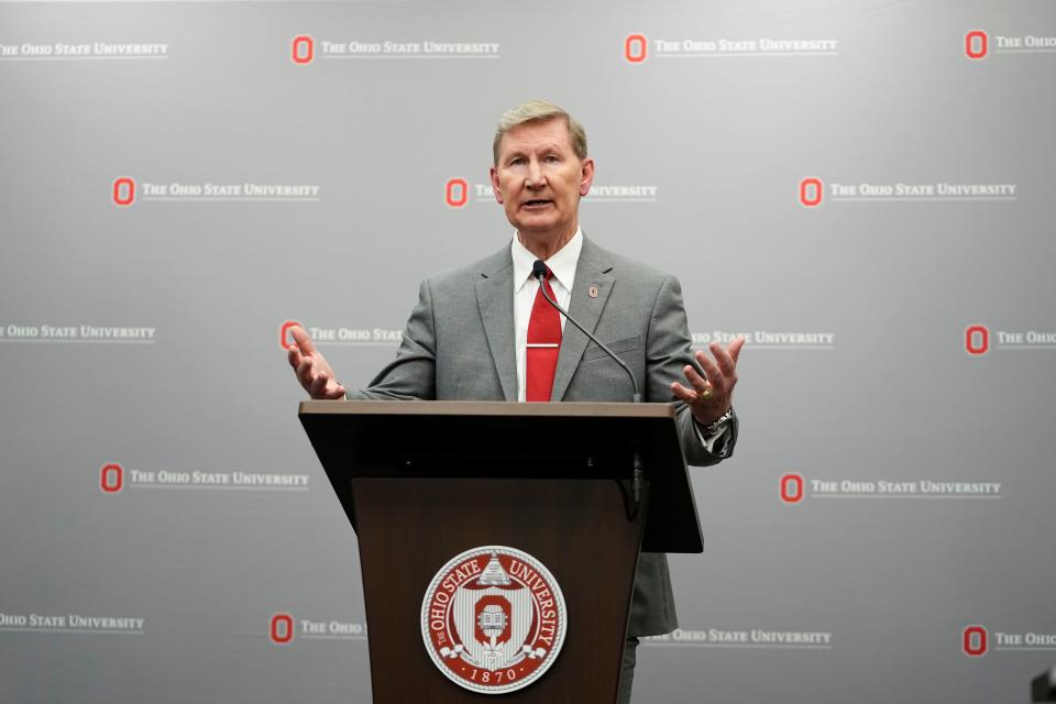 Aug 22, 2023; Columbus, Ohio, USA; Walter "Ted" Carter Jr. speaks to media after the Ohio State University Board of Trustees named him the school’s new president.