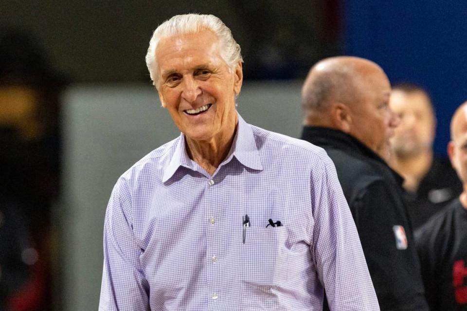 Miami Heat President Pat Riley reacts during training camp at Florida Atlantic University’s Abessino Court at Eleanor R. Baldwin Arena in Boca Raton, Florida, on Tuesday, October 3, 2023. D.A. Varela/dvarela@miamiherald.com