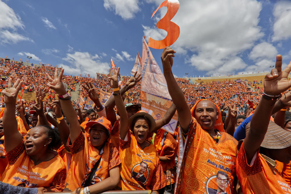 Ruling party supporters of President, Andry Rajoelina, attend an election rally in Antananarivo, Sunday Nov. 12, 2023. Madagascar's Andry Rajoelina is pushing ahead with a presidential election, Thursday, Nov. 16, that could give him a third term, even as opposition protests roil the country and the majority of candidates have announced a boycott. (AP Photo/Alexander Joe)