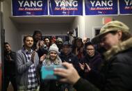 Volunteers prepare for the Iowa Caucus at a field office for Democratic 2020 U.S. presidential candidate Andrew Yang in Waterloo