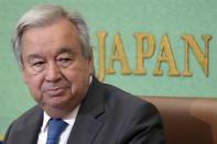 Secretary-General of the United Nations Antonio Guterres delivers a speech at the Japan National Press Club in Tokyo, Monday, Aug. 8, 2022. Guterres urged countries with nuclear weapons to stick to their no-first-use commitment of their atomic arsenals, warning that the nuclear arms race has returned amid growing international tension. (AP Photo/Eugene Hoshiko)