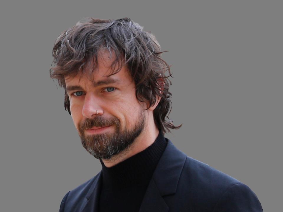 Jack Dorsey headshot, Twitter co-founder and CEO, and Square founder and CEO, graphic element on gray  