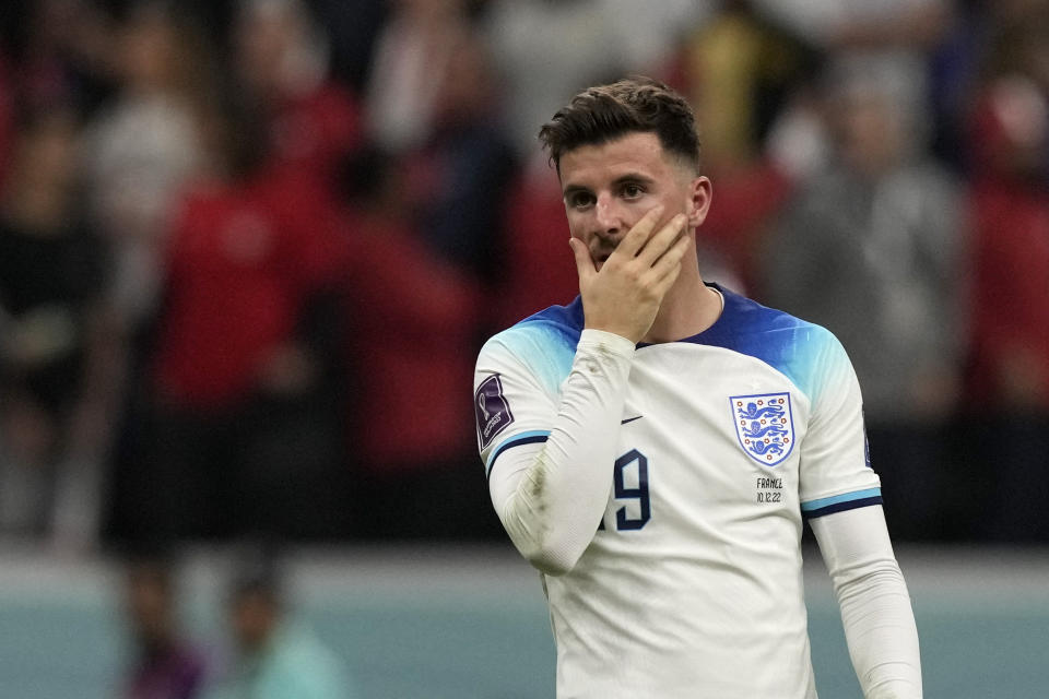 England's Mason Mount reacts during the World Cup quarterfinal soccer match between England and France, at the Al Bayt Stadium in Al Khor, Qatar, Sunday, Dec. 11, 2022. (AP Photo/Frank Augstein)