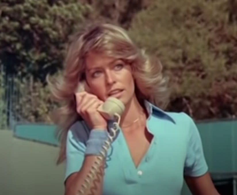 Farrah Fawcett as Jill answers the phone in the "Charlie's Angels" pilot episode