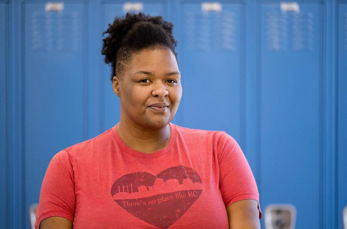 Micah Rose Emerson, an English teacher at KIPP Legacy High School and Sumner Academy alumna, poses for a portrait on Monday, Feb. 26, 2024, in Kansas City.