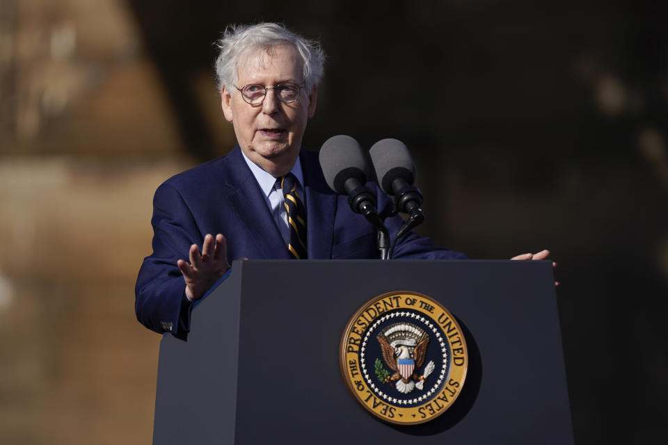 Senate Minority Leader Mitch McConnell of Ky., speaks under the Clay Wade Bailey Bridge, Wednesday, Jan. 4, 2023, in Covington, Ky. (AP Photo/Patrick Semansky)