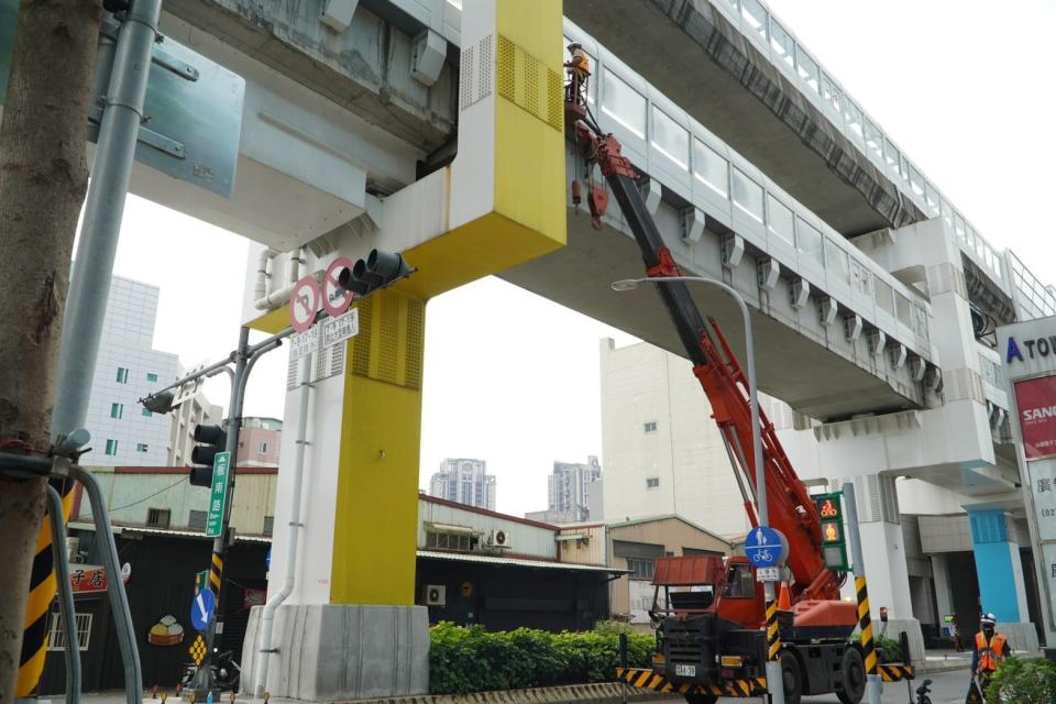 檢測人員採用精密儀器進行梁、柱、盤式支承檢測。捷運工程局提供