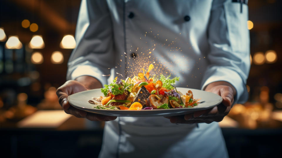 A chef holding up a newly created dish, showcasing the creativity of the restaurant's menu offerings.